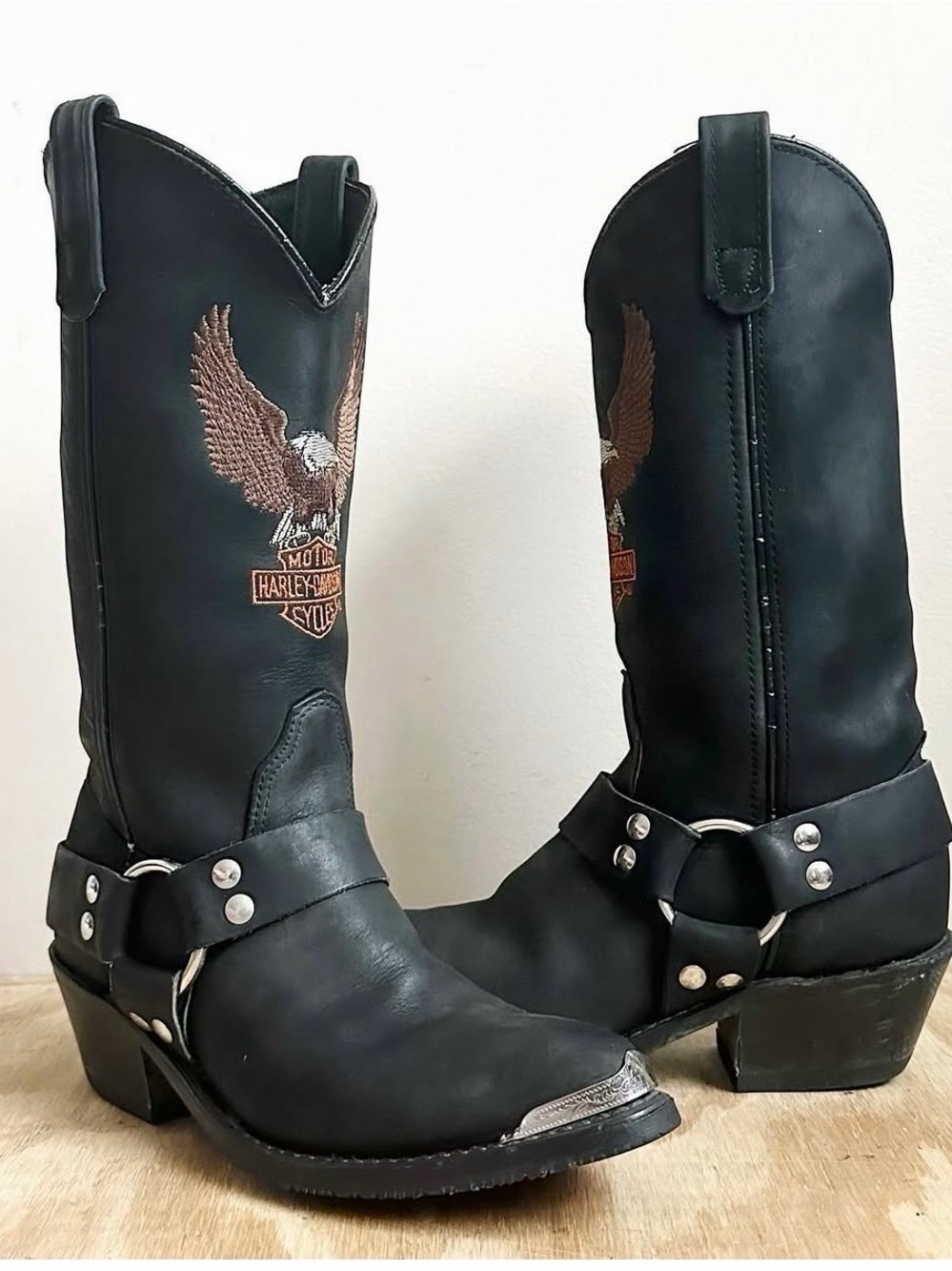 RARE Harley-Davidson Black Leather Harness Boots with Silver Accents size 9.5
